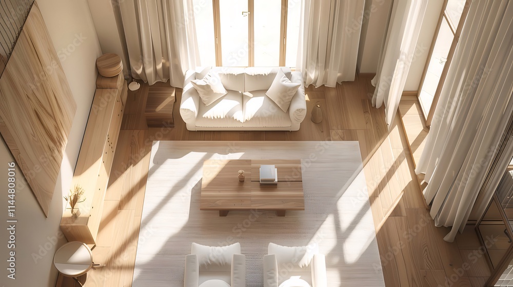 Sunlit minimalist living room with wooden furniture, light beige sofa, and large windows. Sunlit minimalist living room with wooden furniture, light beige sofa, and large windows.