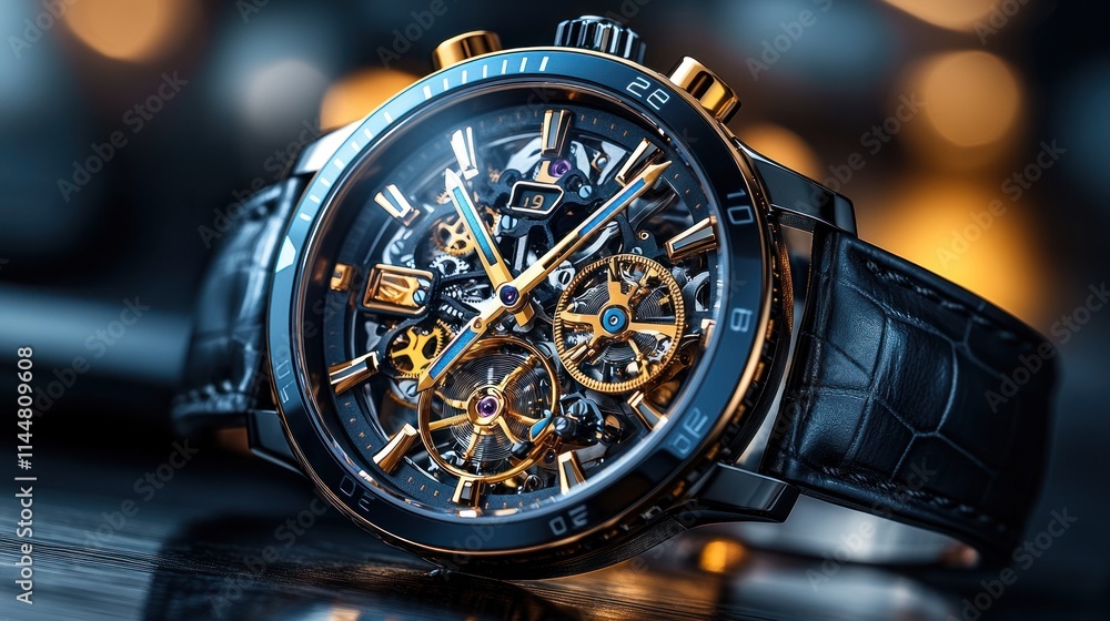 Luxury skeleton automatic watch with blue accents and black leather strap. Luxury skeleton automatic watch with blue accents and black leather strap.