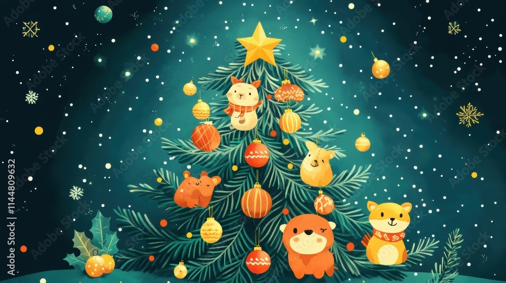 Whimsical Christmas tree adorned with cute animal ornaments, perfect for festive designs and holiday-themed projects. Whimsical Christmas tree adorned with cute animal ornaments, perfect for festive designs and holiday-themed projects.