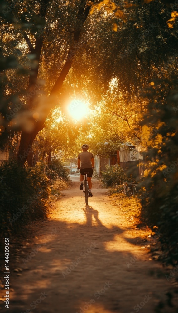 Golden Hour Bike Ride Serene Cyclist Enjoys a Tranquil Evening on a Sun-Dappled Path. Golden Hour Bike Ride Serene Cyclist Enjoys a Tranquil Evening on a Sun-Dappled Path.