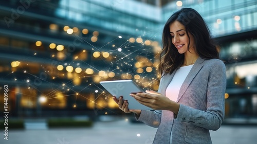 Smiling businesswoman using digital tablet in urban environment with network connection overlay, representing global communication and technological advancement in business
