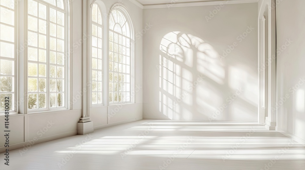 Fototapeta premium Minimalistic white room with ample void space and a window, creating a serene atmosphere. Ideal for capturing the essence of minimalism with clear copy space.