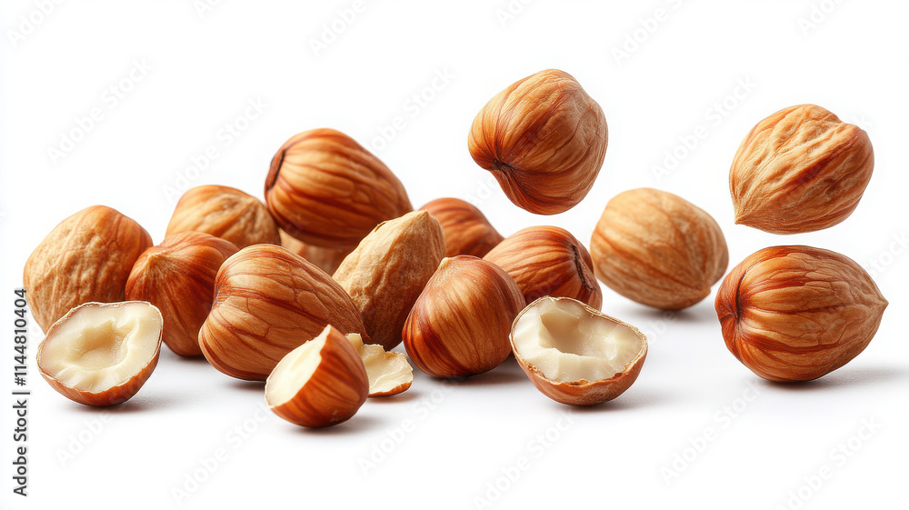 Falling hazelnuts scattered on white background, showcasing their rich brown shells and creamy interiors. These nuts are perfect for culinary uses and healthy snacking Falling hazelnuts scattered on white background, showcasing their rich brown shells and creamy interiors. These nuts are perfect for culinary uses and healthy snacking