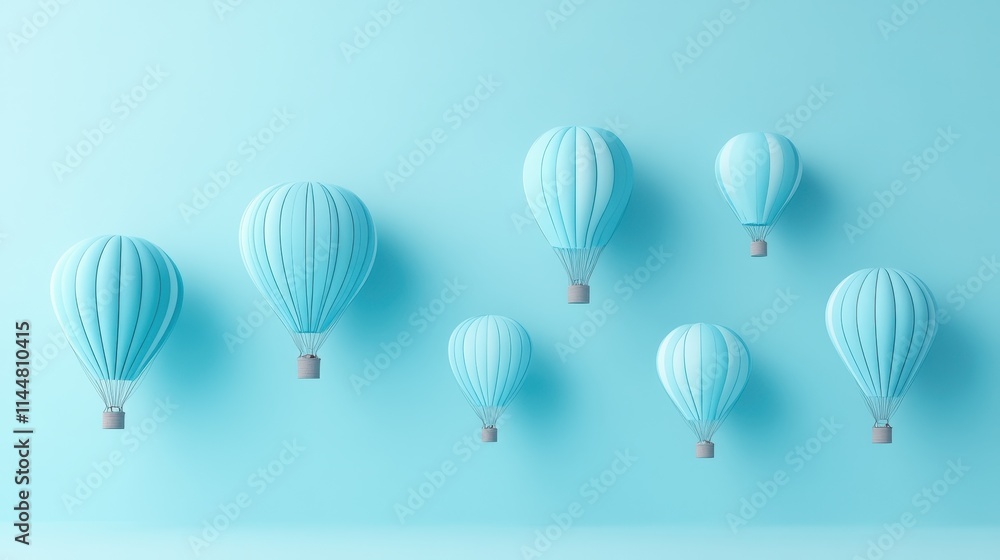 Multiple blue air balloons floating gracefully in a minimalist blue studio, celebrating happiness and joy with pastel-colored 3D Multiple blue air balloons floating gracefully in a minimalist blue studio, celebrating happiness and joy with pastel-colored 3D
