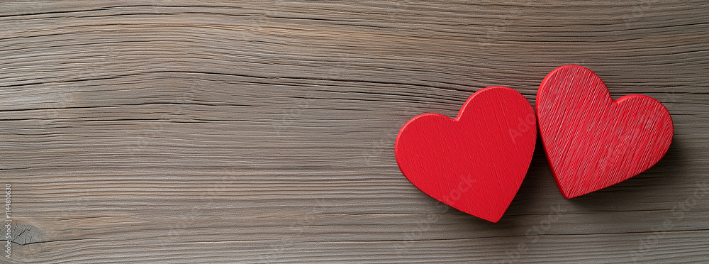 Two red wooden hearts on rustic wooden background evoke feelings of love and warmth. Perfect for romantic themes or Valentine Day Two red wooden hearts on rustic wooden background evoke feelings of love and warmth. Perfect for romantic themes or Valentine Day