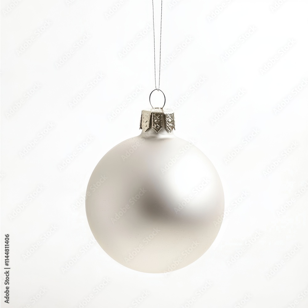 White Christmas ornament hangs on a thread, against an isolated white background White Christmas ornament hangs on a thread, against an isolated white background