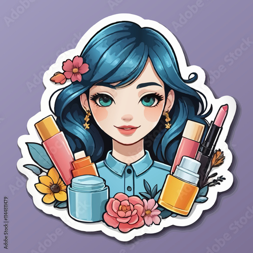 young girl with beauty products ornament vector sticker