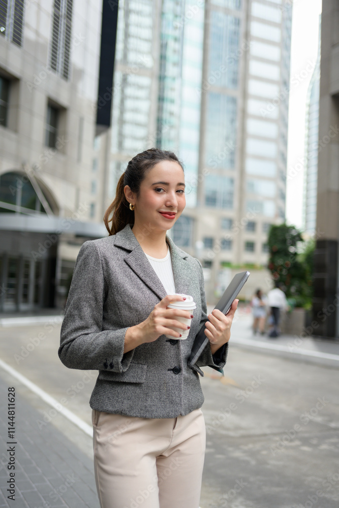 Young businesswoman walking through the bustling financial district, sipping coffee from a disposable cup and using a tablet, enjoying her vibrant morning commute in the city Young businesswoman walking through the bustling financial district, sipping coffee from a disposable cup and using a tablet, enjoying her vibrant morning commute in the city