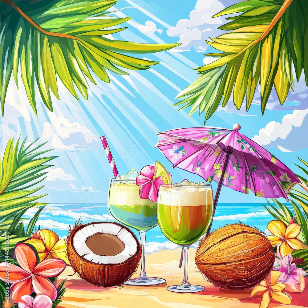 Tropical Beach Cocktails: Two vibrant cocktails under a pink parasol on a sunny beach, surrounded by lush tropical plants and coconuts. Perfect for summer vacation themes.