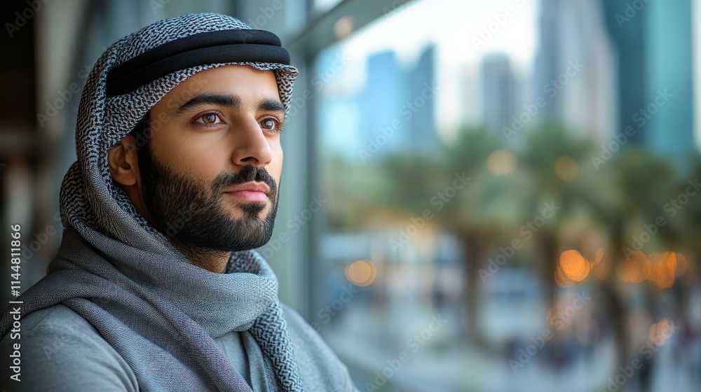 A thoughtful man gazes out at a cityscape through a window. A thoughtful man gazes out at a cityscape through a window.