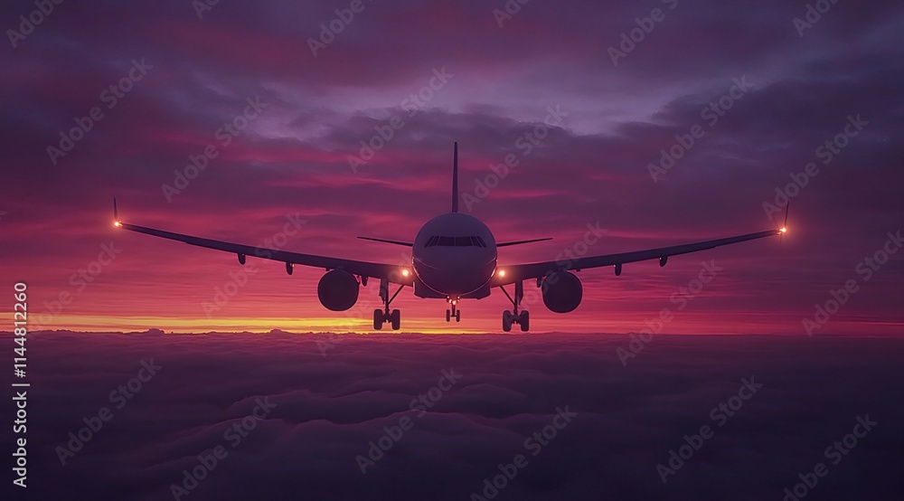 Airplane descending through sunset clouds. Airplane descending through sunset clouds.