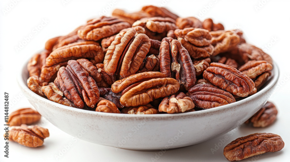 Delicious pecan nuts in white bowl, showcasing their rich brown color and texture, perfect for snacking or baking. These nuts are healthy addition to various dishes Delicious pecan nuts in white bowl, showcasing their rich brown color and texture, perfect for snacking or baking. These nuts are healthy addition to various dishes
