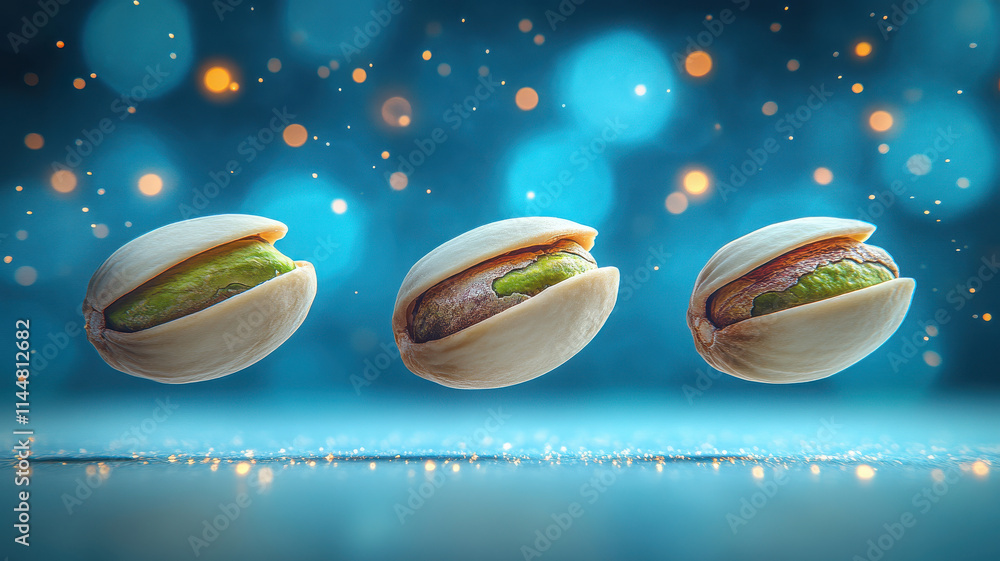 Fototapeta premium Pistachio nuts in their shells, showcasing vibrant green kernels against blurred blue background with sparkling lights, creating festive atmosphere