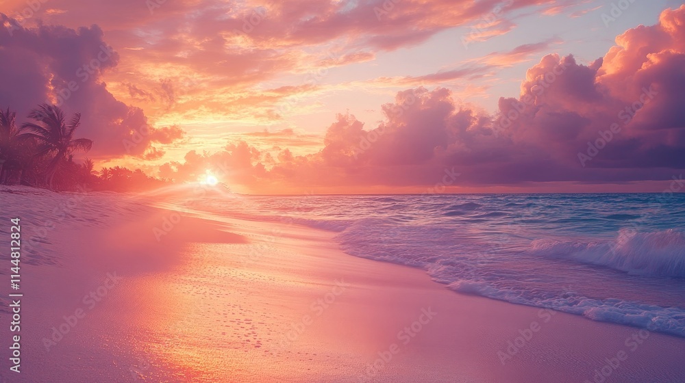 Fototapeta premium Stunning coastline landscape with a picturesque white sandy beach highlighted by a vibrant sunset, offering beautiful ambiance and ample photo style copy space.