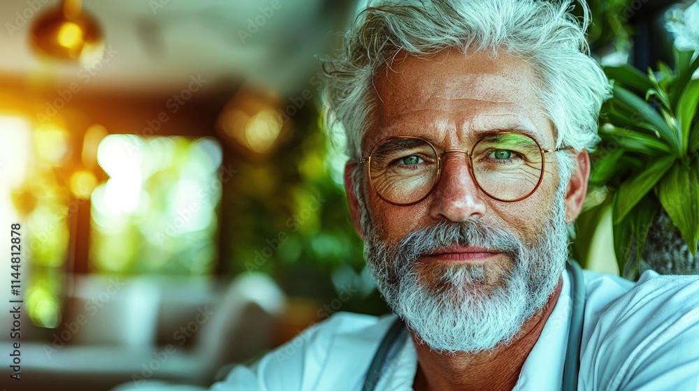 Portrait of a mature man with gray hair and beard, wearing glasses, looking at the camera. Portrait of a mature man with gray hair and beard, wearing glasses, looking at the camera.