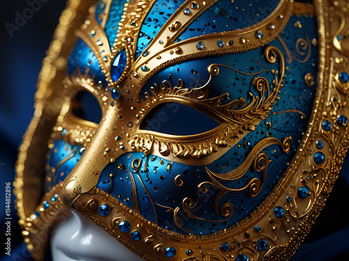 shimmeringblue and gold masquerade mask with glittering accents photo