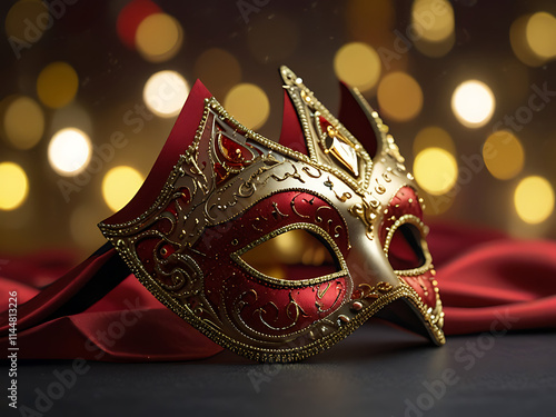 shimmering red and gold masquerade mask with glittering accents 