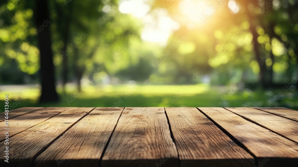 Rustic wooden tabletop in a serene setting creates a perfect opportunity for product placement, surrounded by a beautiful blurred green park background. Ample copy space available. Rustic wooden tabletop in a serene setting creates a perfect opportunity for product placement, surrounded by a beautiful blurred green park background. Ample copy space available.