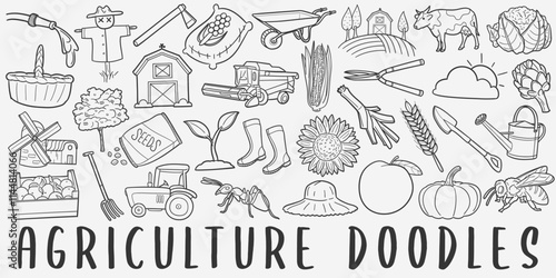 Agriculture Doodle Icons Black and White Line Art. Farm Clipart Hand Drawn Symbol Design.