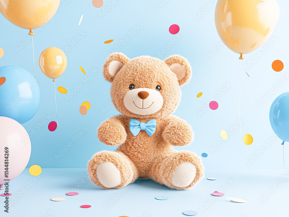 A teddy bear is sitting on a blue background with a bunch of balloons