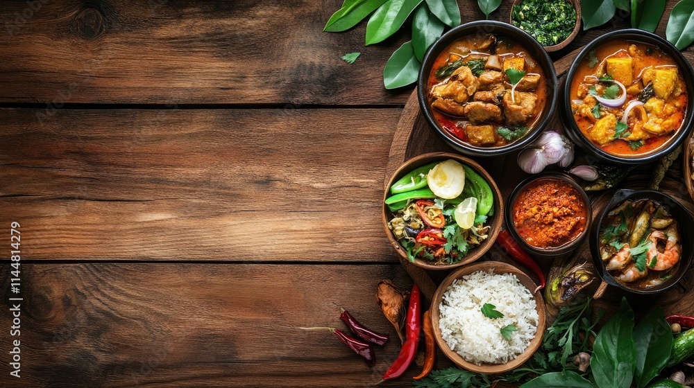Authentic regional cuisine displayed on a wooden rustic table, highlighting the essence of culinary traditions with ample copy space for design elements in the image. Authentic regional cuisine displayed on a wooden rustic table, highlighting the essence of culinary traditions with ample copy space for design elements in the image.