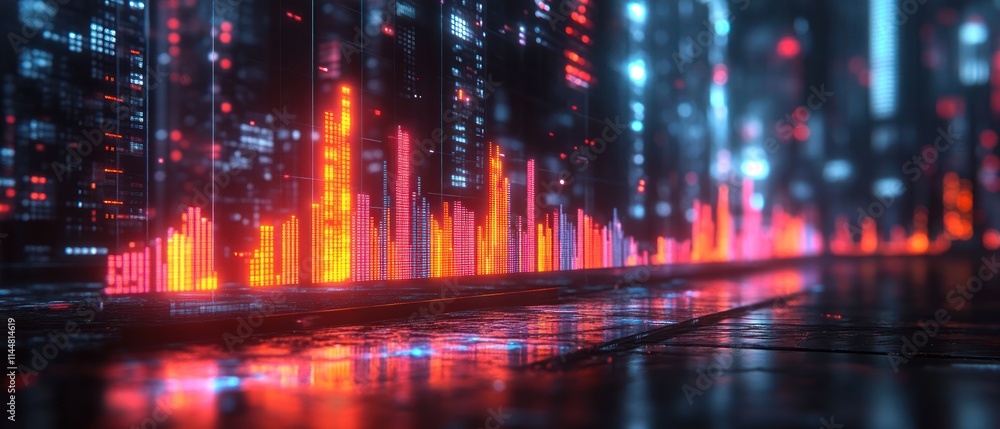 Futuristic cityscape with glowing data visualizations. Futuristic cityscape with glowing data visualizations.