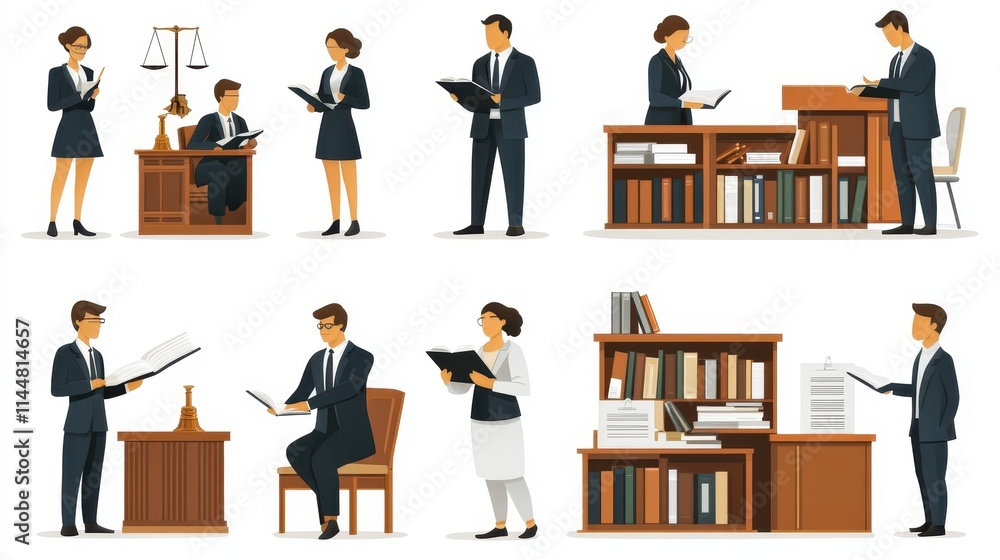 Obraz premium Law firm isolated cartoon vector illustrations set. Paralegal specialist prepare documents, professional lawyer reading law changes, provide legal advice to business, notary service vector cartoon.