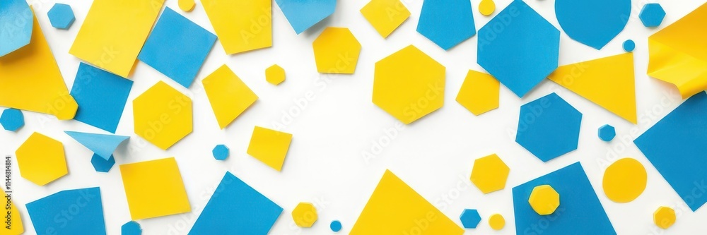 Abstract geometric shapes, blue and yellow paper cutouts on white background, form, design Abstract geometric shapes, blue and yellow paper cutouts on white background, form, design