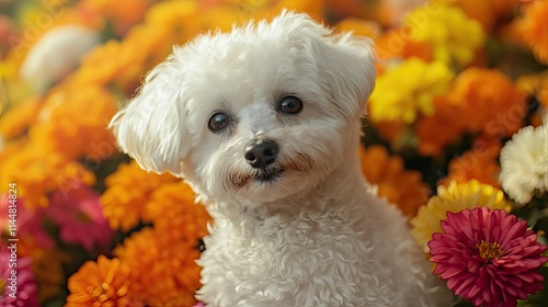 Bichon Frise in a vibrant orange setting complemented by colorful flowers, creating a lively composition with ample space for text or graphics. Perfect for pet-themed designs. photo