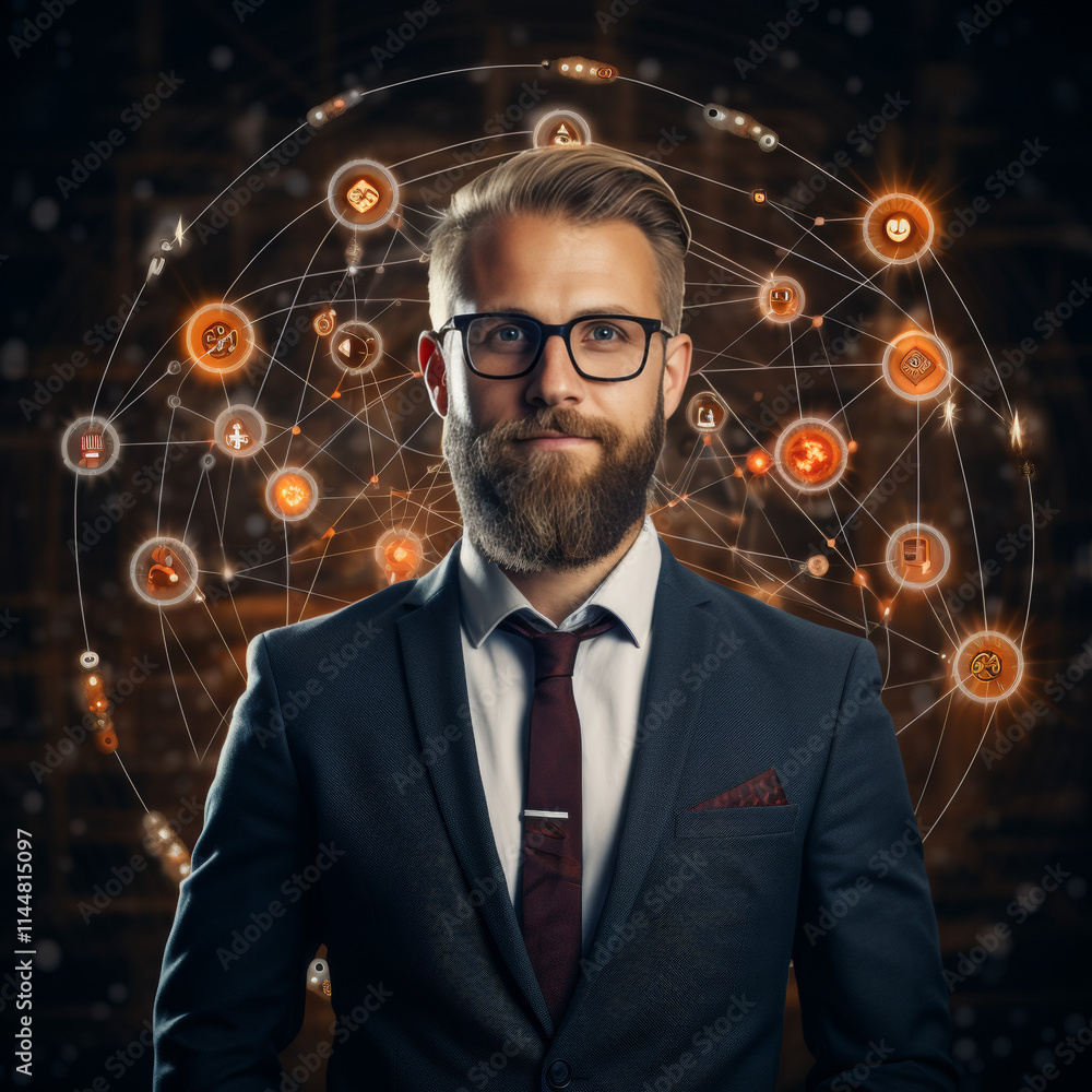 The Networked Visionary: A confident, bearded businessman in a stylish suit stands against a backdrop of glowing network connections, radiating ambition and technological prowess. The Networked Visionary: A confident, bearded businessman in a stylish suit stands against a backdrop of glowing network connections, radiating ambition and technological prowess.