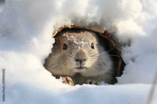 Brandt's vole peeks out of its burrow in a snowy winter landscape