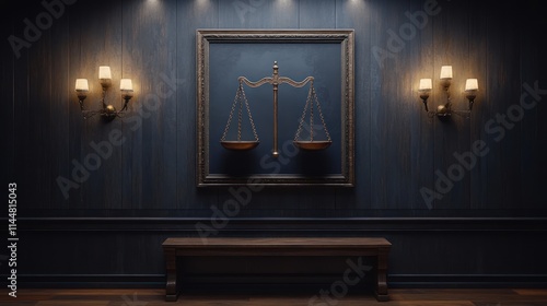 Dark room with scales of justice painting.