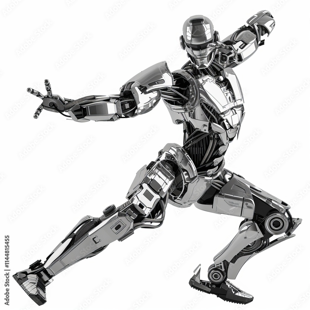 A shiny robot dancing in a futuristic setting, isolated in white, white background A shiny robot dancing in a futuristic setting, isolated in white, white background