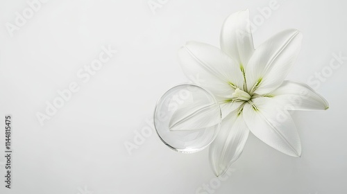 Lily inflorescence with an air bubble presents a pristine white flower, perfectly isolated on a white background, ideal for medical information and related concepts with ample copy space. photo