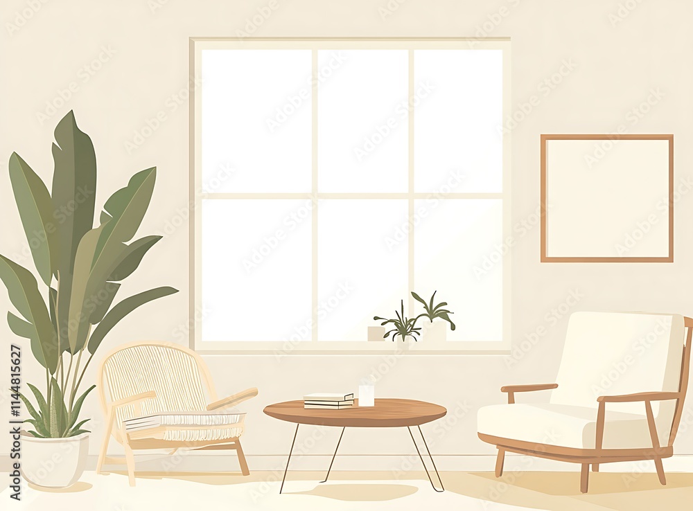 Fototapeta premium Sofa, armchair, and wooden coffee table in a beige boho living room interior with a large window frame, plants, books, and elegant personal accessories