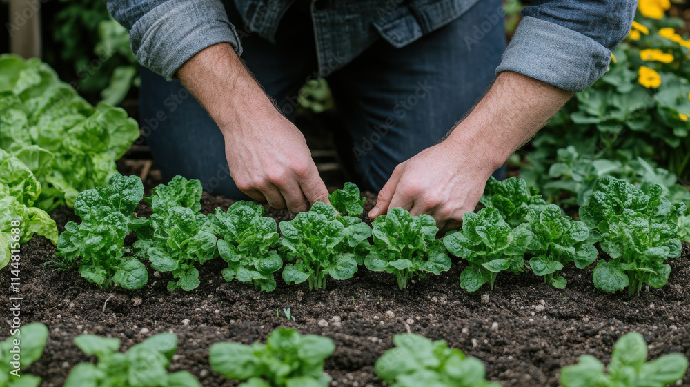 Gardener hands gently planting seedlings in rich soil, nurturing growth. vibrant green leaves of lettuce thrive in well tended garden, showcasing beauty of nature Gardener hands gently planting seedlings in rich soil, nurturing growth. vibrant green leaves of lettuce thrive in well tended garden, showcasing beauty of nature
