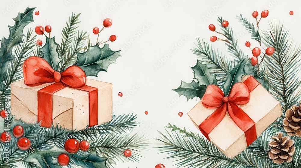 Winter holiday theme, pine branches, holly, and festive gifts, watercolor style Winter holiday theme, pine branches, holly, and festive gifts, watercolor style