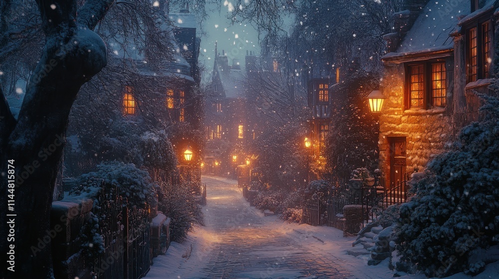 Snow-dusted street illuminated by glowing streetlights, with shadowy trees in the backdrop.