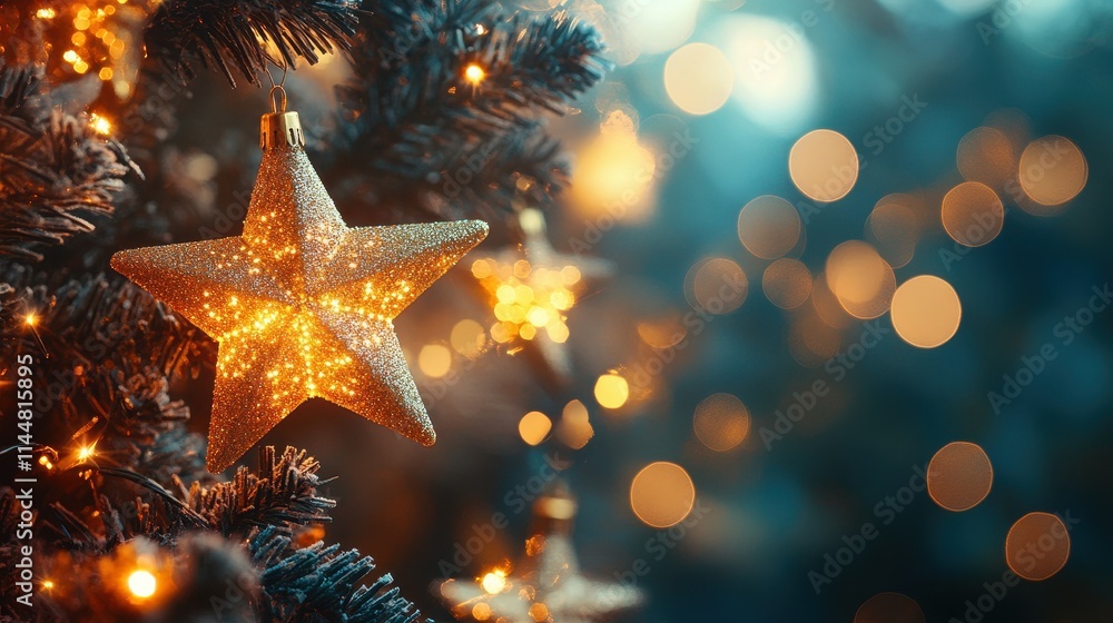 Sparkling Starburst Light Decoration with Golden Bokeh on Dark Background. Festive Celebration, Holiday, Christmas Concept. Sparkling Starburst Light Decoration with Golden Bokeh on Dark Background. Festive Celebration, Holiday, Christmas Concept.