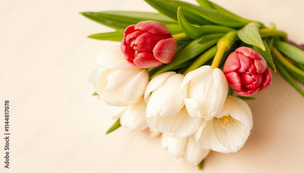 Fresh bouquet of red and white tulips on a light beige background, floral background, copy space, Women's Day, Mother's Day, Wedding, Valentine's Day, birthday, Fresh bouquet of red and white tulips on a light beige background, floral background, copy space, Women's Day, Mother's Day, Wedding, Valentine's Day, birthday,