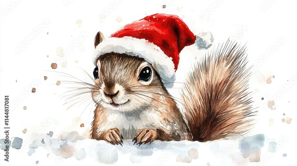 Watercolor illustration of a cute squirrel with a red Christmas hat Watercolor illustration of a cute squirrel with a red Christmas hat