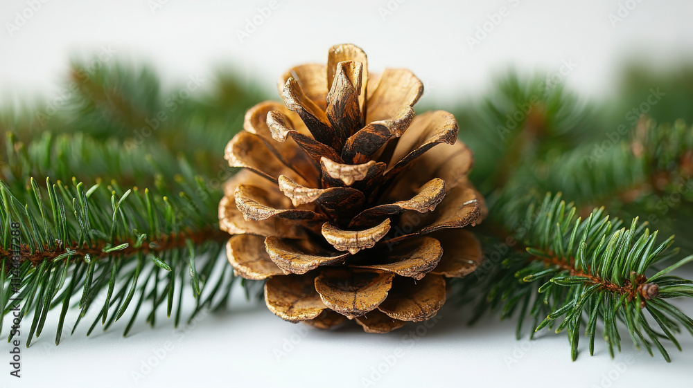detailed pine cone surrounded by green fir branches, showcasing natural textures and colors. This captures essence of nature and beauty of seasonal decor detailed pine cone surrounded by green fir branches, showcasing natural textures and colors. This captures essence of nature and beauty of seasonal decor