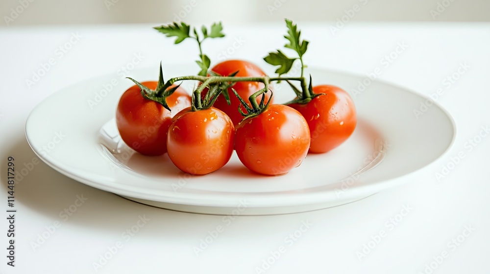 Close-up image of a vibrant vegetarian dish highlighting fresh tomatoes on a white plate, set against a clean, plain background. Perfect for showcasing healthy eating. Close-up image of a vibrant vegetarian dish highlighting fresh tomatoes on a white plate, set against a clean, plain background. Perfect for showcasing healthy eating.