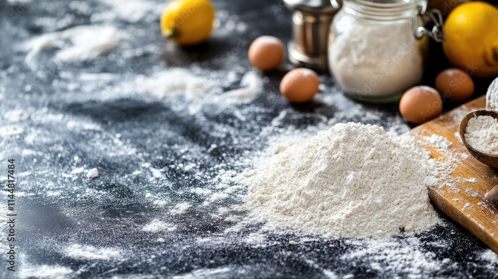 Flour on a chopping board creates a culinary scene in the kitchen. A close-up captures the essence of cooking and baking, perfect for a baking banner with ample copy space. Flour on a chopping board creates a culinary scene in the kitchen. A close-up captures the essence of cooking and baking, perfect for a baking banner with ample copy space.