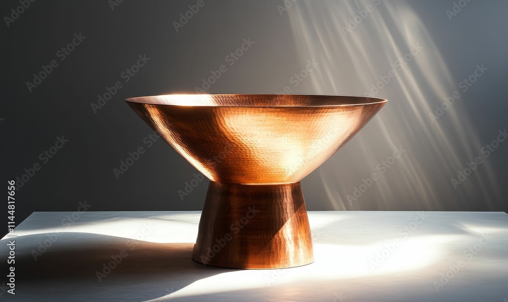Copper bowl, pedestal base, light, shadow, table. Copper bowl, pedestal base, light, shadow, table.