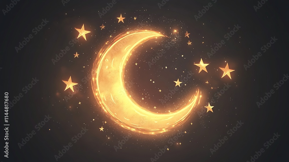 Fototapeta premium Glowing crescent moon and stars on dark background.