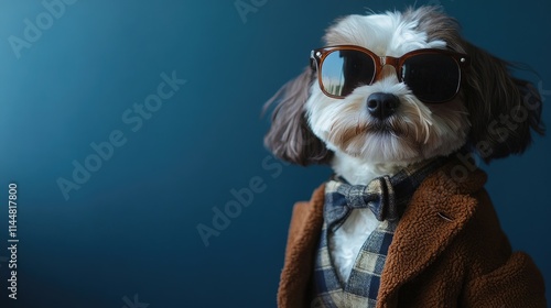 Stylish puppy dressed in an elegant outfit and sunglasses embodies a chic pet fashion theme. This fashion-forward puppy captures the essence of luxury with ample copy space. photo