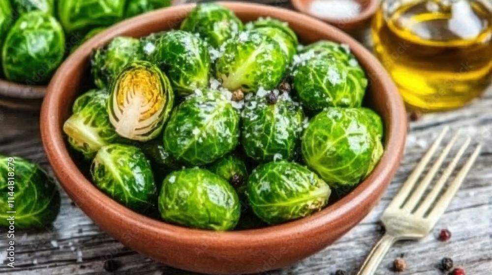 Roasted Brussels sprouts in a bowl with sea salt and olive oil on a wooden table Roasted Brussels sprouts in a bowl with sea salt and olive oil on a wooden table