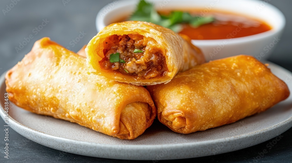 Crispy golden-brown egg rolls with savory meat filling and spicy dipping sauce. Crispy golden-brown egg rolls with savory meat filling and spicy dipping sauce.