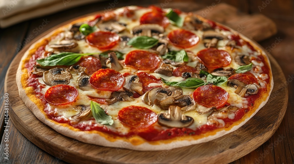 Deliciously fresh pizza topped with pepperoni and mushrooms, presented on a rustic wooden board, perfect for any culinary setting. Ideal for food photography with ample copy space. Deliciously fresh pizza topped with pepperoni and mushrooms, presented on a rustic wooden board, perfect for any culinary setting. Ideal for food photography with ample copy space.